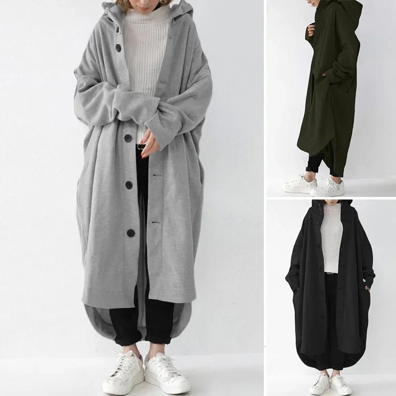 Spring Women Coat Long Hoodie Trench Pockets Loose Oversize Hoodies Jacket Female Winter Warm Casual Fashion Ladies Clothes 250825