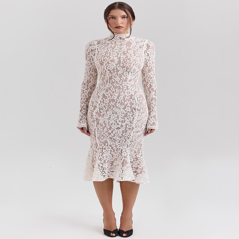 Mozision Lace Long Sleeve Sexy Midi Dress For Women Elegant White Half High Collar Waist Bodycon Club Party w250825