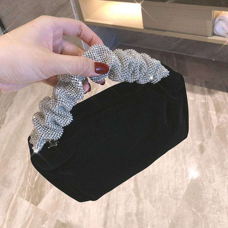 Designer Bags Handmade Black Veet Women Evening Clutches Bag Fine Rhinestones Handle Handbag Purses Ladies Party Clutch Bolsa Luxury Bag