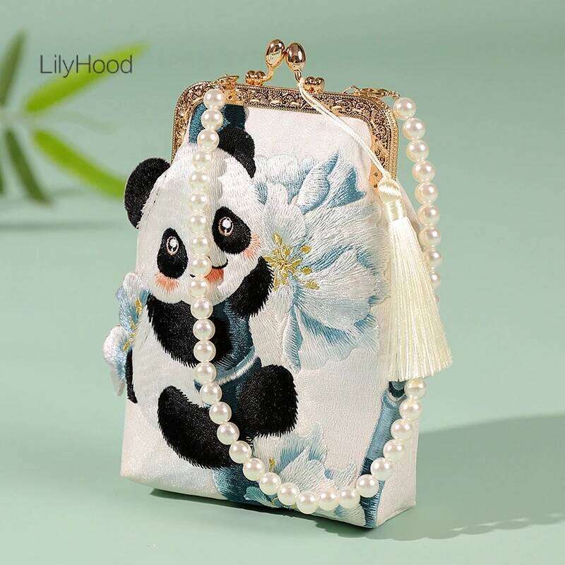 Designer Bags Female Cute Panda Embroidery Pearl Chain Small Size Mobile Phone Side Handbag Vintage Retro Chic Fringes Kawaii Shoulder Bag Luxury Ba
