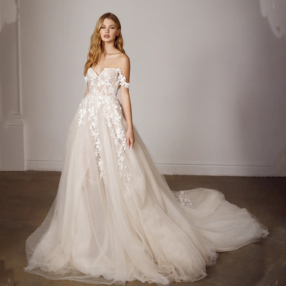 Elegant Off The Shoulder Sweetheart Lace Applique Boho Beach A Line Wedding Dresses Appliques Sweep Train Custom Made Color/Size