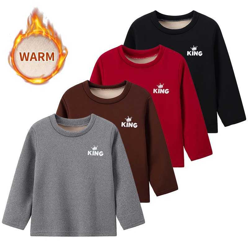 Autumn and Winter Childrens Solid Color KING Letter Plus Velvet Longsleeved Shirt Boy Casual Joker Thick Sweater Girl Sports T Z250826