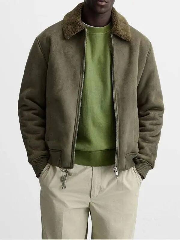 Autumn Winter Men's Casual Thiened Fce Zipper Collar Cardigan Jaet Leather Fur Inteated Outerwear Stand Fit Youth...