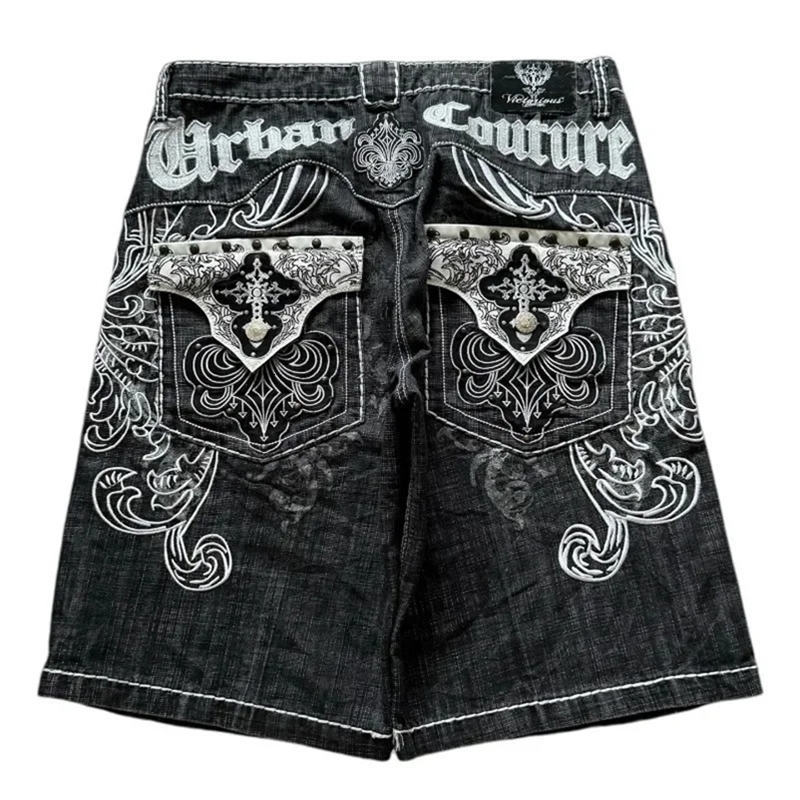 Gothic Fashion Pattern Letter Patch Embroidered Denim Shorts Men Y2K Streetwear Fashion Hip Hop Couples Casual Joker Pants 250825CJ