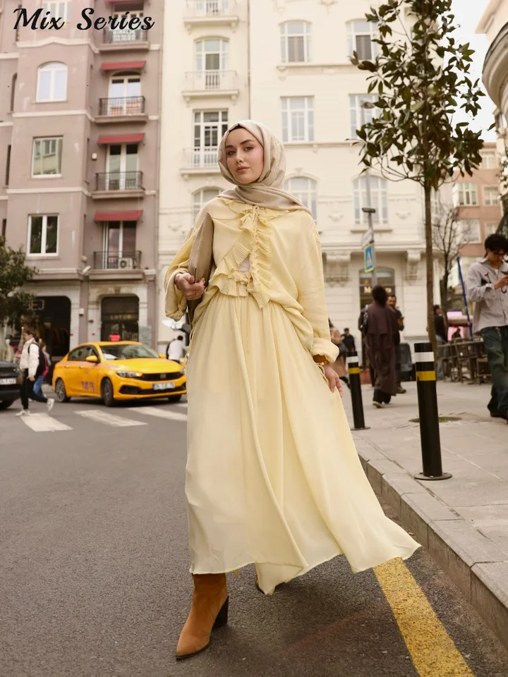 Casual Chiffon Skirt Set Women Loose Solid Vneck Lace Up Flare Sleeve Top Elastic Waist Pleated Skirts 2025 Autumn Elegant Suit 250823