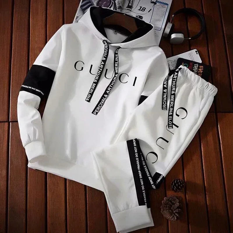 Mens Tracksuit High Quality Fashion Hooded Sweatshirt Sweatpants Casual Trend Print Pullover Classic Black White Jogging Clothes250826