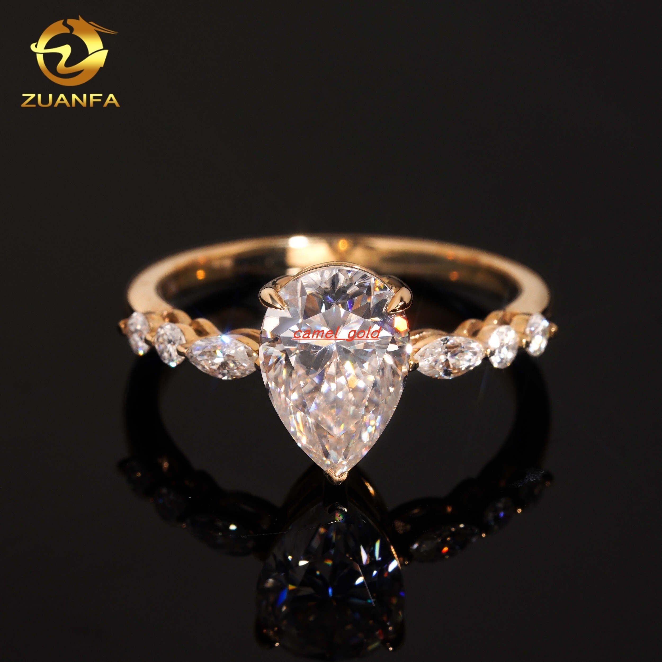 High Quality Pass Diamond Tester 10k Yellow Gold Pear Cut 2ct Moissanite Engagement Ring for Women