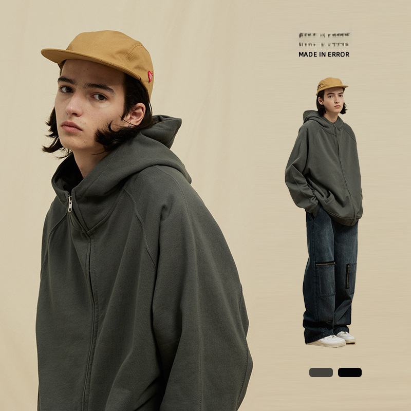 450G Trendy Loose Cotton Terry Zipper Hooded Sweatshirt Jacket for Men 2025 Autumn t shirt Winter