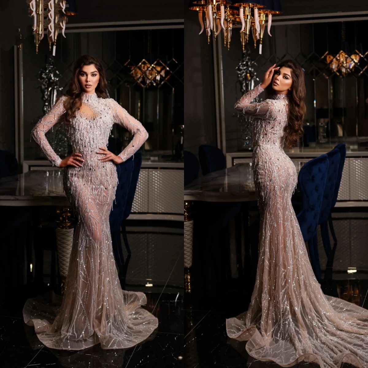 Luxury Mermaid Wedding Dresses Sequins Beaded O Neck Bride Dress Illusion Long Sleeve Sweep Train Bridal Dress Customized