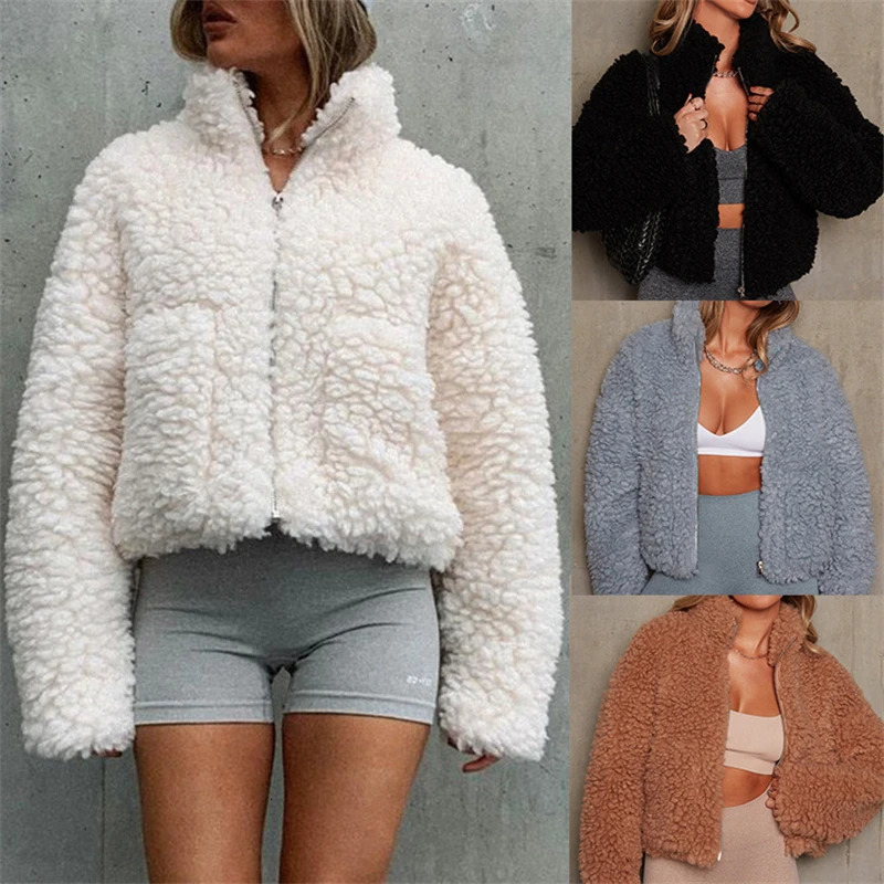 Winter Lamb Wool Short Coat For Women Thicken Warm Long Sleeve Turtleneck Jackets Autumn Fashion Streetwear Ladies Overcoat 250825