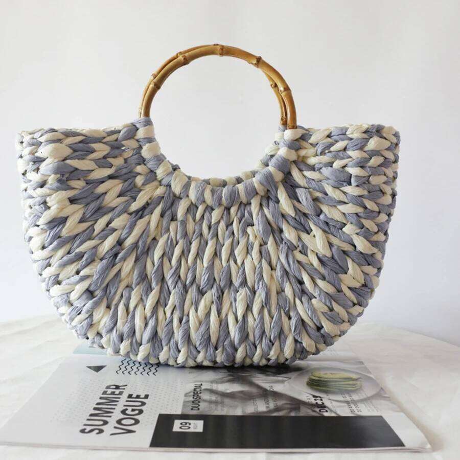 Designer Bags Handwoven Straw Rattan Half-Moon Beach Handbag Round Bamboo Handle Clutch Purse Women Summer Hollow Out Patchwork Shoulder Bags Luxury