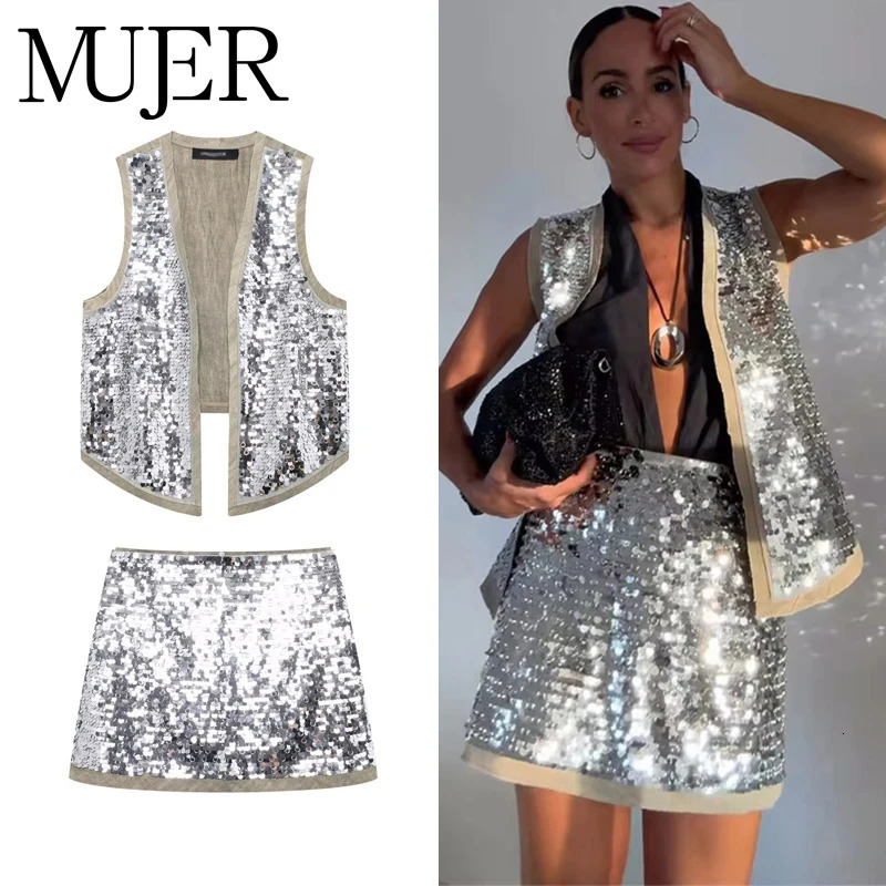 MUJER 2025 Sequin Open Vests for Women Glitter Sleeveless Vest Woman Summer Waistcoat Top Fashion Lady 250823