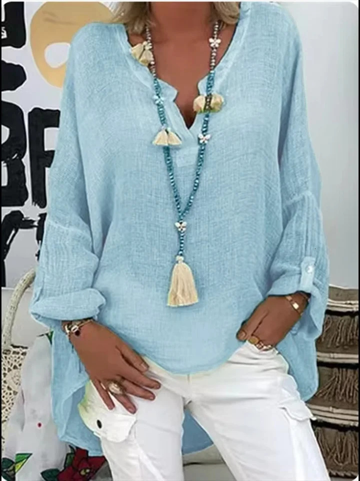 6Color Loose Shirt Womens Casual Solid Color Top Spring Autumn VNeck Long Sleeved Blouse250825