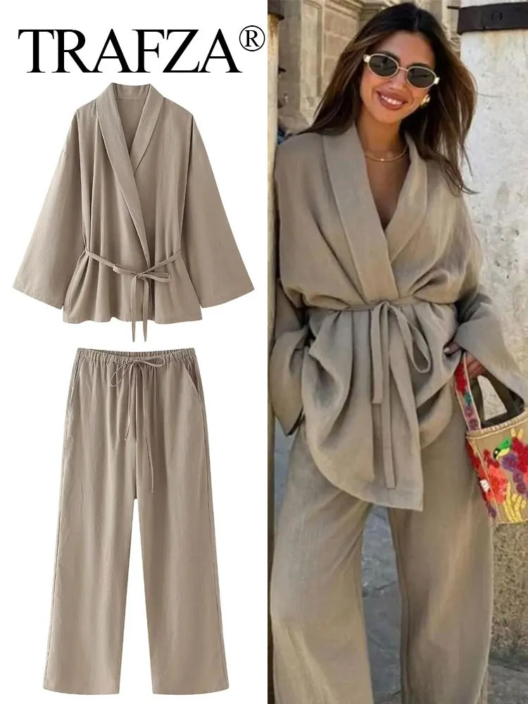 TRAFZA Women Loose Wide Leg Pant Set Fashion Lapel V Neck Long Sleeve Thin Blazer Coat With Belt 2024 Summer Ladies Solid Suit250825
