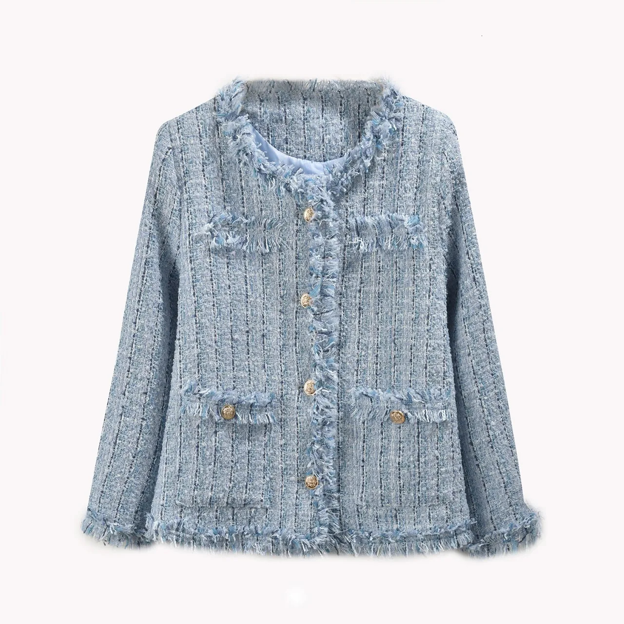 Women Elegant Long Sleeve Open Front Round Neck Fringed Plaid Tweed Jacket Korean Style Fashion Streetwear Mori Girl Coat 250826