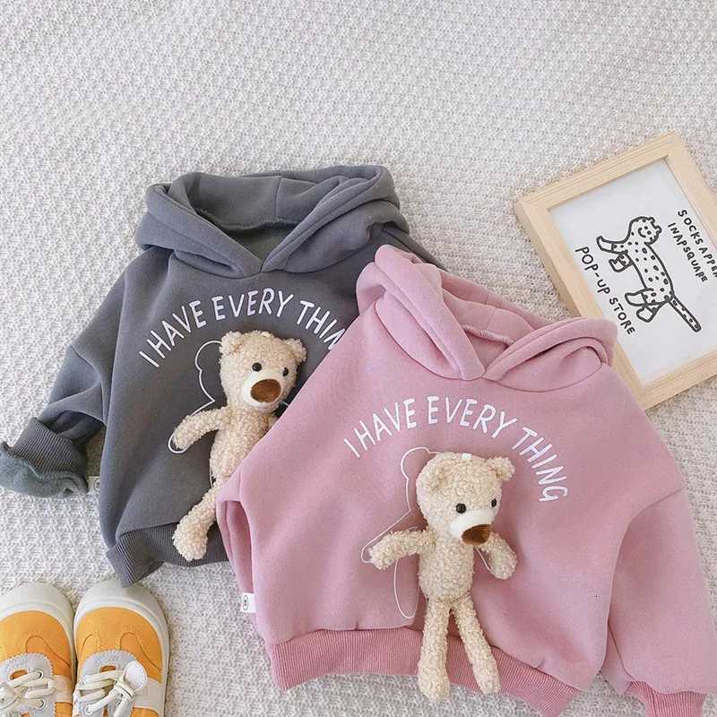 100 Cotton Fleece Hoodie for Kids Autumn Winter Cute Long Sleeve Sweatshirt with Detachable Bear Toy Toddler Boy Girl Clothes Z250826