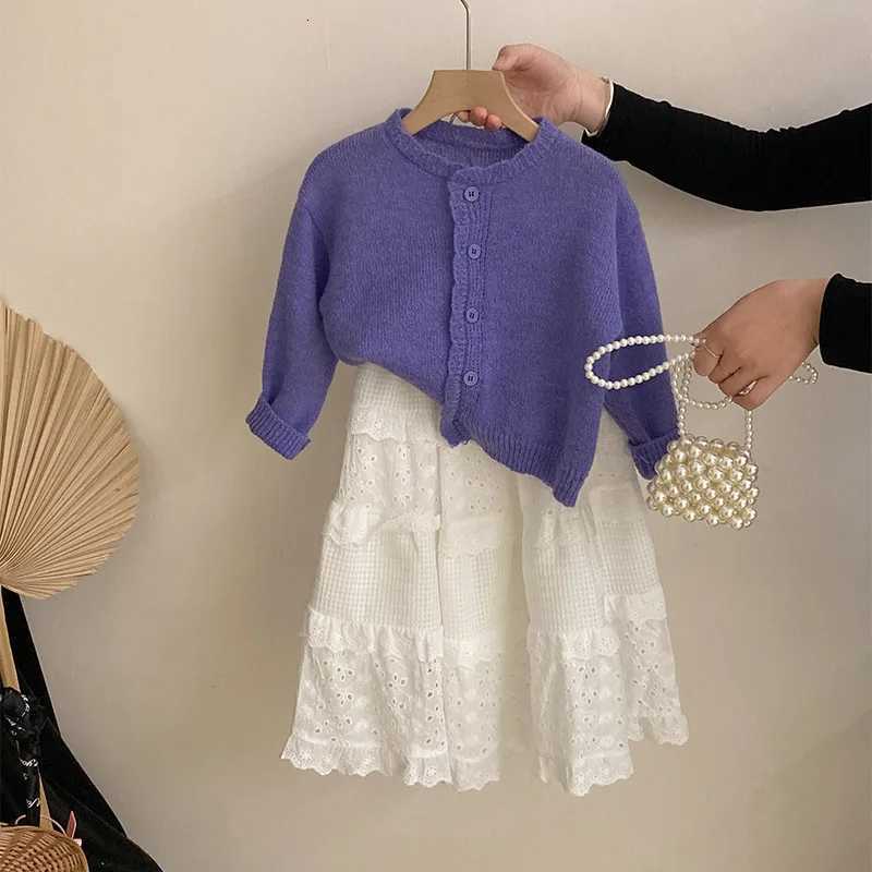 Children Girls Autumn Korean Cardigan New Soft Colorful Kid Girls Sweater Versatile Solid Toddler Girls Lace Cake Skirts Outfits XJ250815