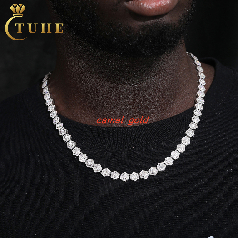 Jewelry Wholesale Mens Geometric Necklace 8.5mm 925 Sterling Silver VVS Moissanite Diamond Iced Out Hexagon Link Chain