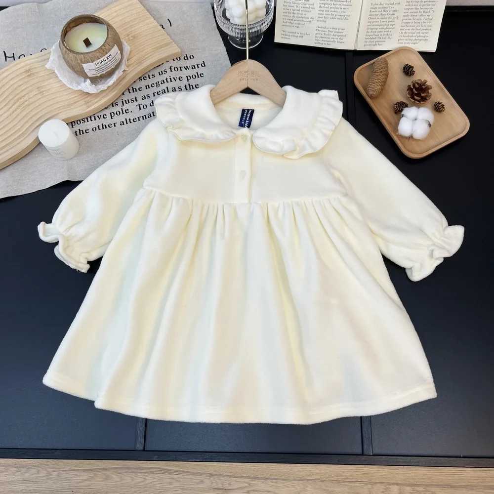 2025 New Korean Fashion Sweetheart Solid Color Long Sleeve Ruffle Collar Dress for Girls Polar Fleece Autumn Winter DressesXJ250826
