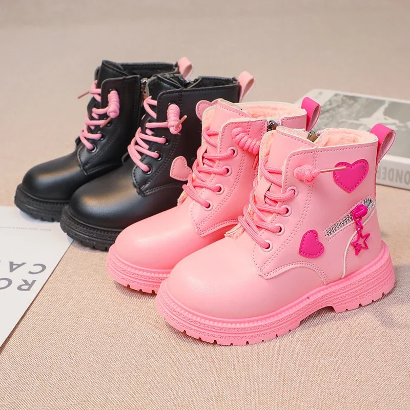 Girls Boots Kids Fashion Rubber Boots Cool Girl Autumn and Winter Cotton Soft Sole Pink with Love Side Zip Princess Roundtoe PU250825