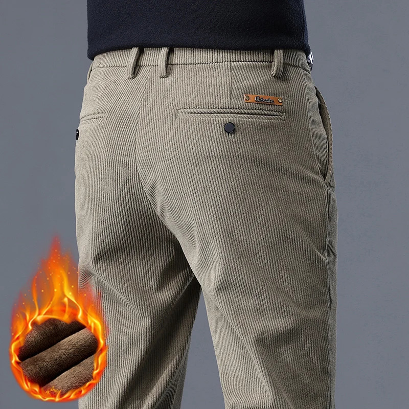 Khaki Black Gray Fleece Mens Corduroy Casual Pants Chenille Thick Stretch Business Trousers Mid-rise Winter Thermal Pants250825