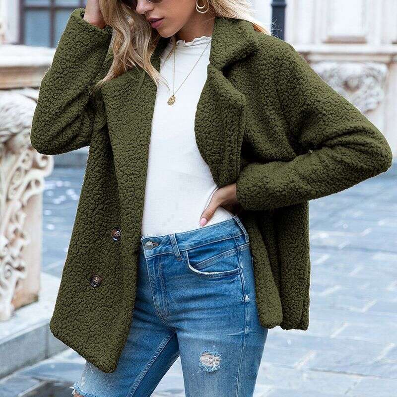 Streetwear Autumn Winter Long Sleeve Buttons Faux Fleece Coat Open Front Jacket Women Casual Warm Lapel Oversized