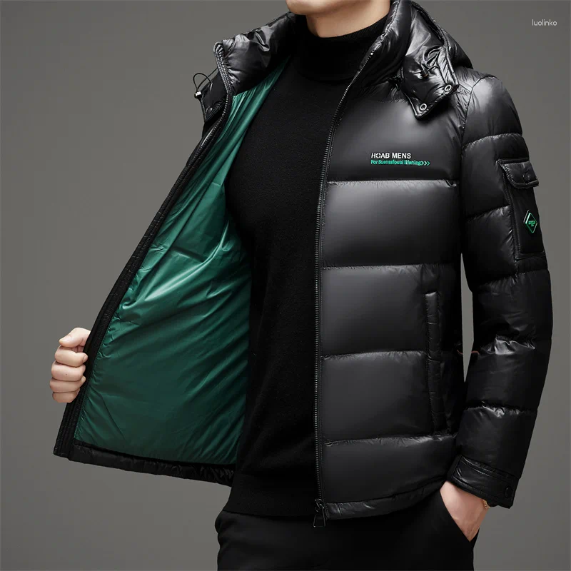 Men's Down High Quality Winter Shiny Jackets Short Trendy Brand Hooded Thickened Warm Outerwear 90% White Duck