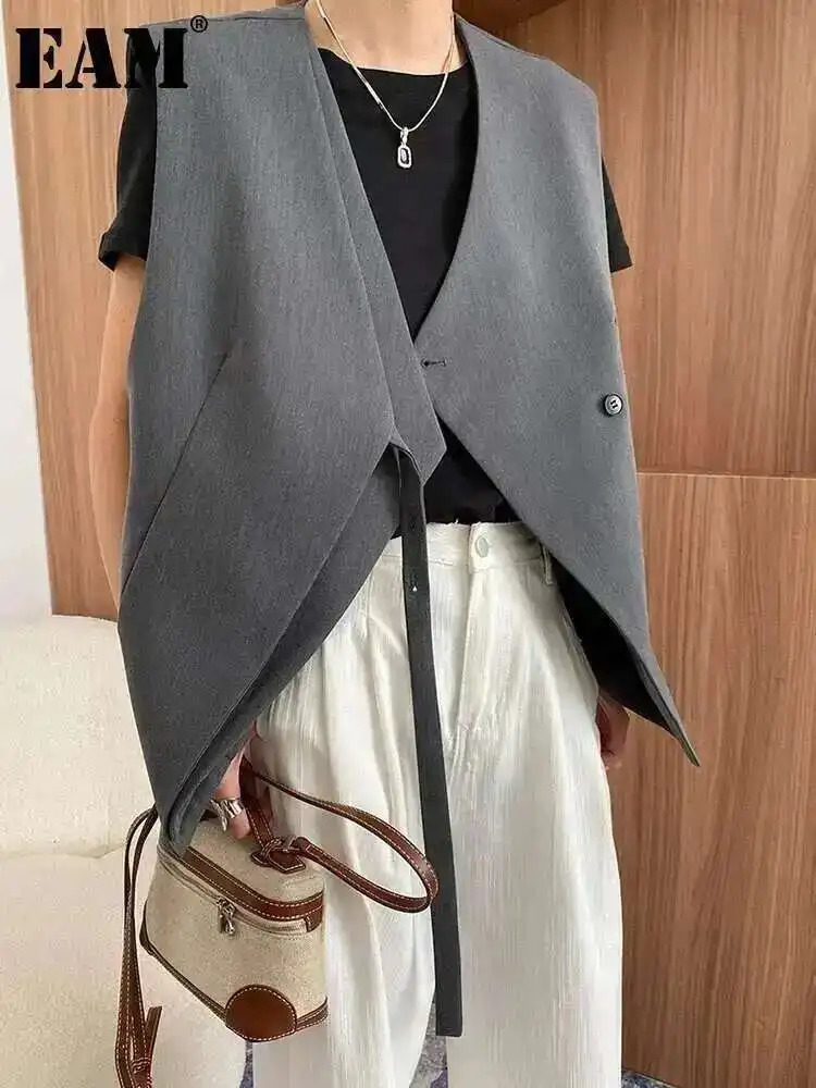 EAM Women Gray Irregular Hem Ribbons Big Size Elegant Vest Vcollar Sleeveless Fashion Spring Autumn 2025 1DH9874 250823