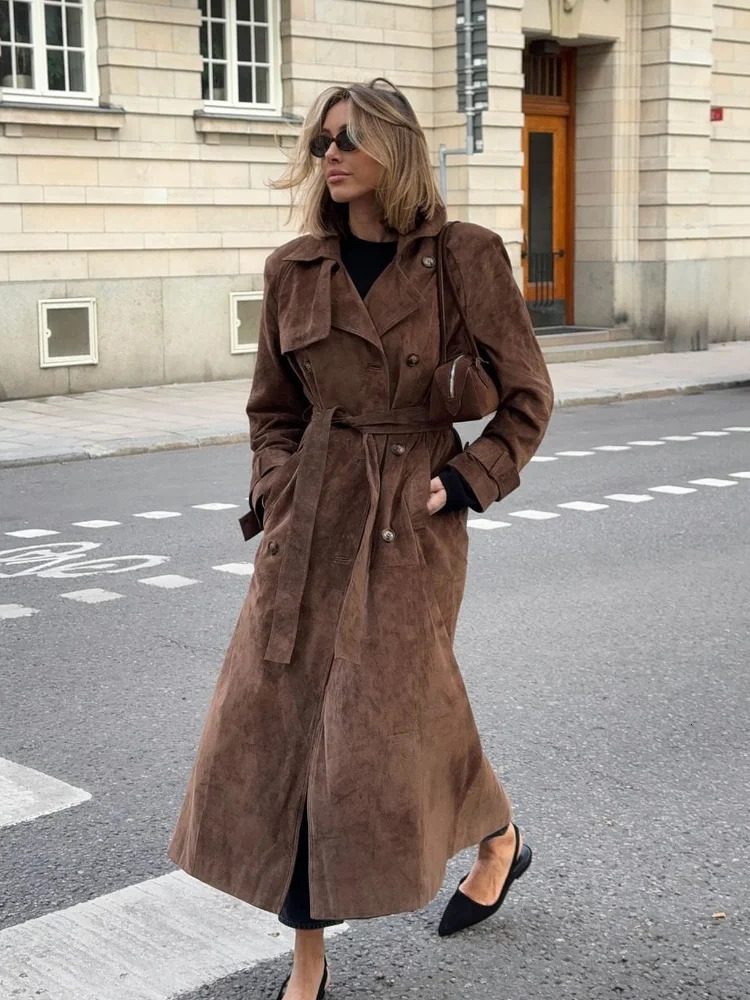 Suede Women Long Coat With Belt Vintage Lapel Double Breasted Split Lady Overcoat 2024 Autumn Jacket Street Tops 250818