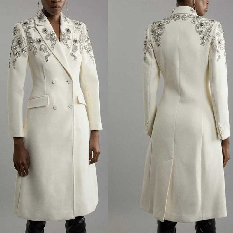 Customized Winter Women Long Blazer Dress Crystal Beading Double Breasted Jacket Prom Birthday Party Formal Wear Outfit One Piece Coat