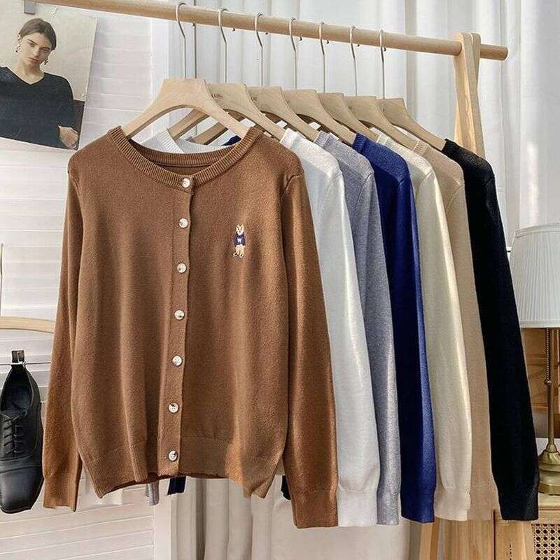 Women's Clothing Bear embroidery round neck long sleeve cardigan jacket women's autumn loose college style knitted sweater outer wear