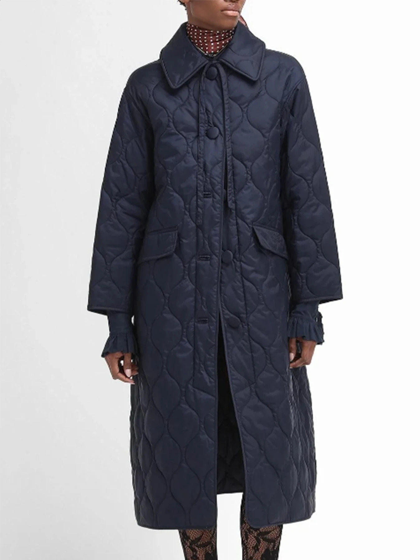 Cotton padded womens loose collar warm single breasted solid color comfortable ultra simple diamond grid long coat jacket 250826