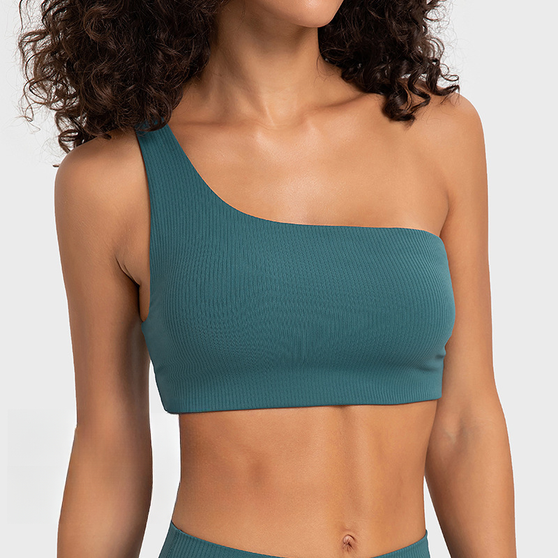 Womens One Shoulder Sports Bra Ribbed Texture Water Drop Hollow Back Fashionable Crop Top Suited for Yoga Flows Strength Training and Chic Gym Outfi