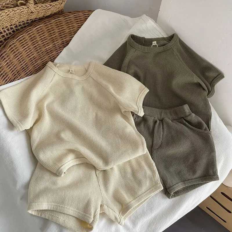 Childrens Sets New Korean Boys and Girls Short-sleeved Tops Suit Waffle Baby Home Outdoor Wear All-match Two-piece Suit XJ250815
