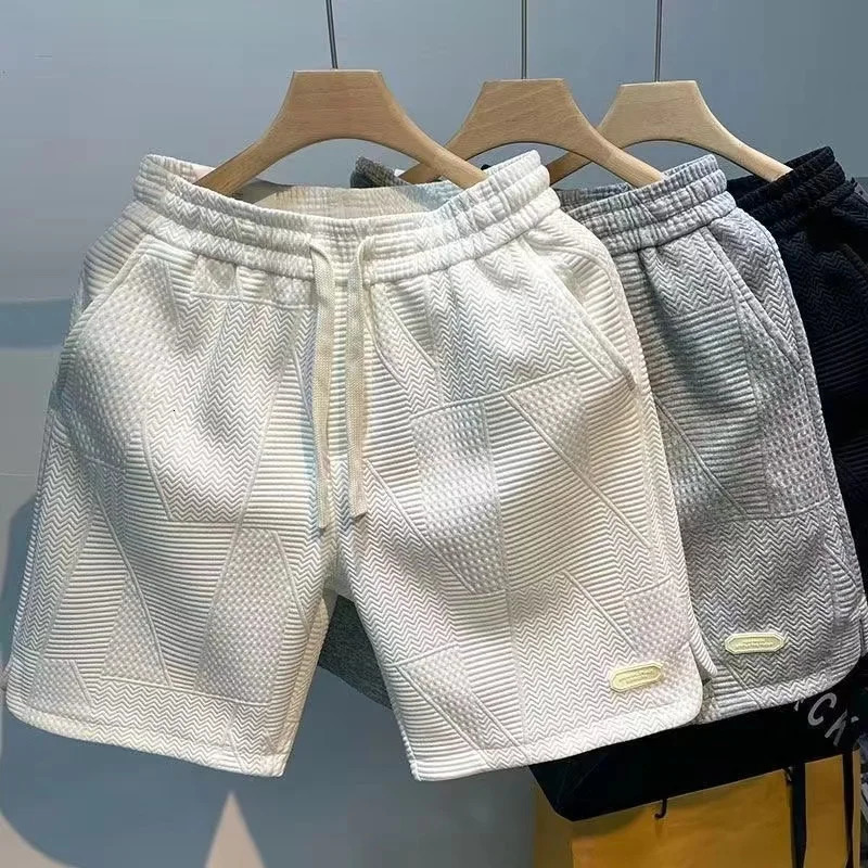 Summer Running Shorts for Men Casual Jogging Sport Short Pants Wave Pattern Solid Color Drawstring Loose Dry Gym Sports 250825