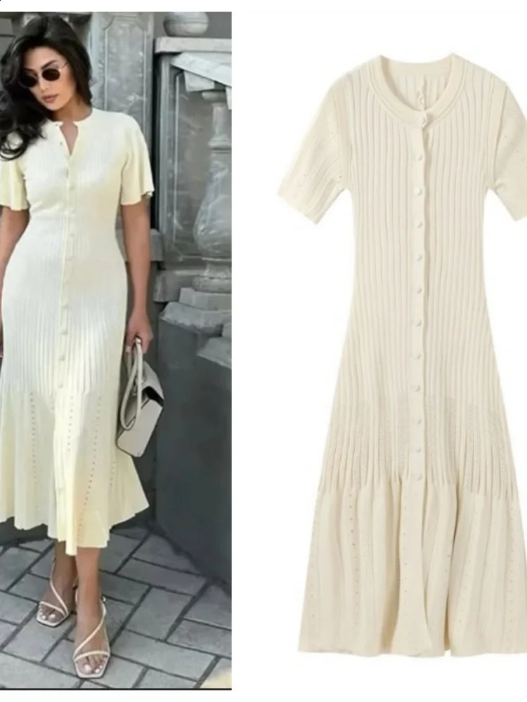 Knit Maxi Dress For Women Elegant Solid Oneck Single Breasted Short Sleeve Long Dresses Female 2025 Summer Fashion Lady Vestido 250826