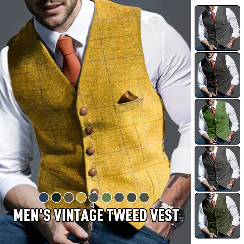 Fashion Mens Vests Lapel Tweed Plaid Vneck Waistcoat Slim Fit Vest Business Formal Dress Suit Casual Wedding Tuxedo Male Vest250826