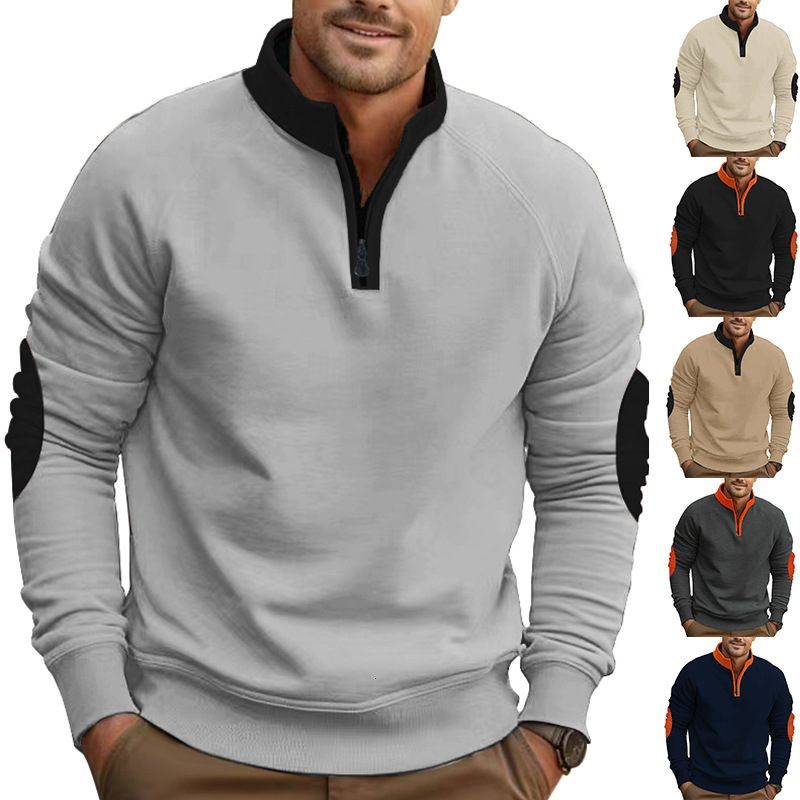 New t shirt Color-Block Autumn Winter Loose Casual Sweatshirt with Fleece, Stand Collar Pullover Half-Zip Long Sleeve Jacket