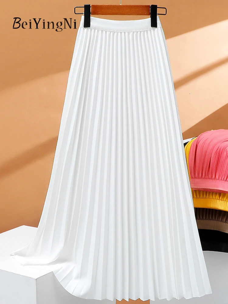 Beiyingni White Pleated Skirt Women Spring Summer 2024 Korean Elastic Waist Long Midi Skirts Ladies Elegant Plain Faldas250825