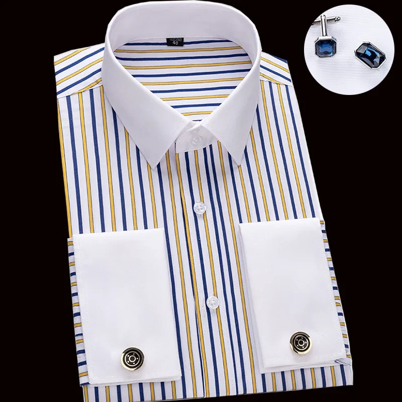 Mens French cufflink shirt with slim fit and contrasting color collar Windsor collar striped formal long sleeved shir250825