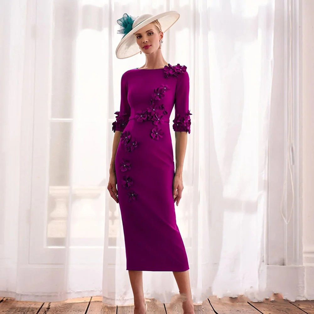 2026 Classic Mother Of The Bride Dresses Round Neck Half Sleeves Handmade Flowers Bading Sheath Wedding Guest Party Gowns Robe De Soriee