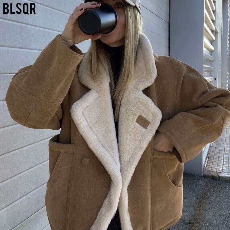 Vintage Faux Leather Warm Coat Thick Fluffy Splicing Big Lapel Coats Female Long Sleeve Outerwear Winter Lady Street Jackets