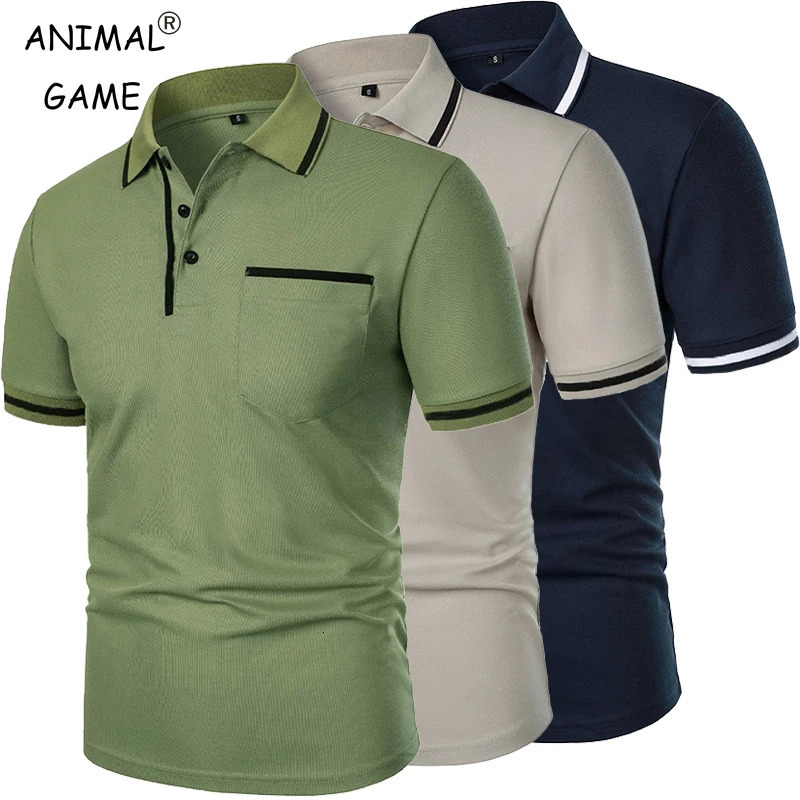 Mens Short Sleeve Polo Shirts Solid Color Casual T-shirt Summer Trendy Breathable Loose Basic Splice Top Pockets Men Shirts250825