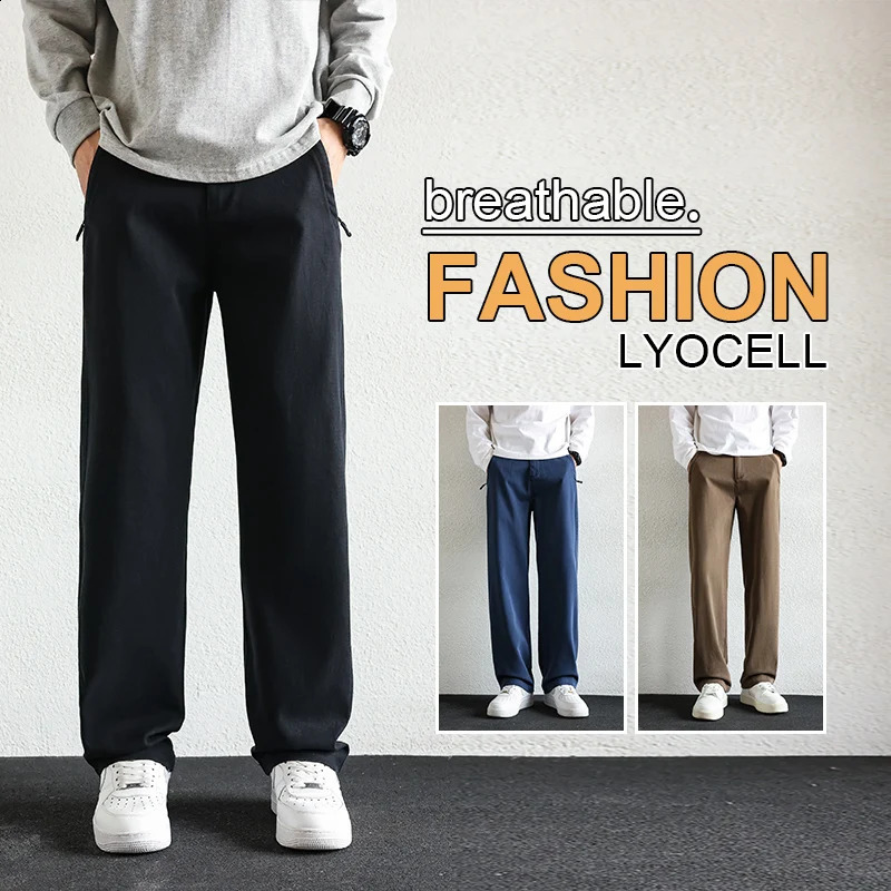 Mens StraightLeg Tencel Lyocell Pants Autumn Winter Loose Fit Casual Elastic Waistband Zipper Pockets Long Length Sizes2838 250826