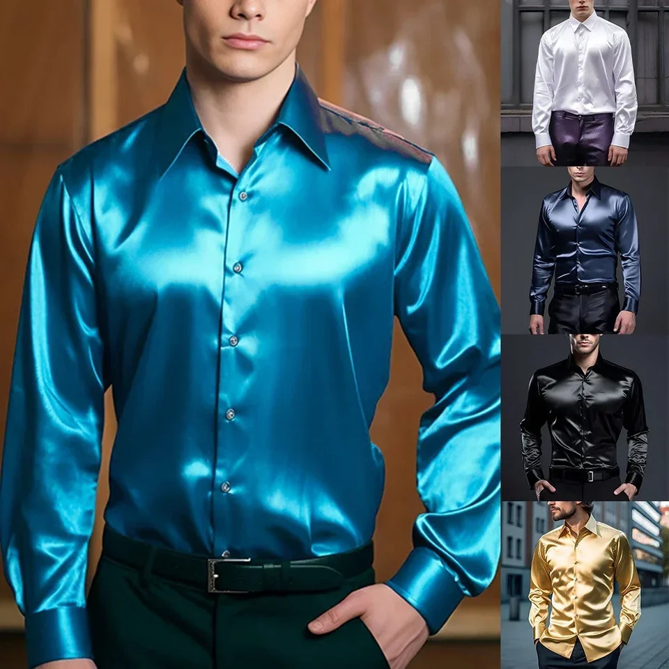 Elegant Satin Silk Mens Dress Shirt Slim Fit Long Sleeve Cocktail Party Button Down Casual Suit Shirt250825