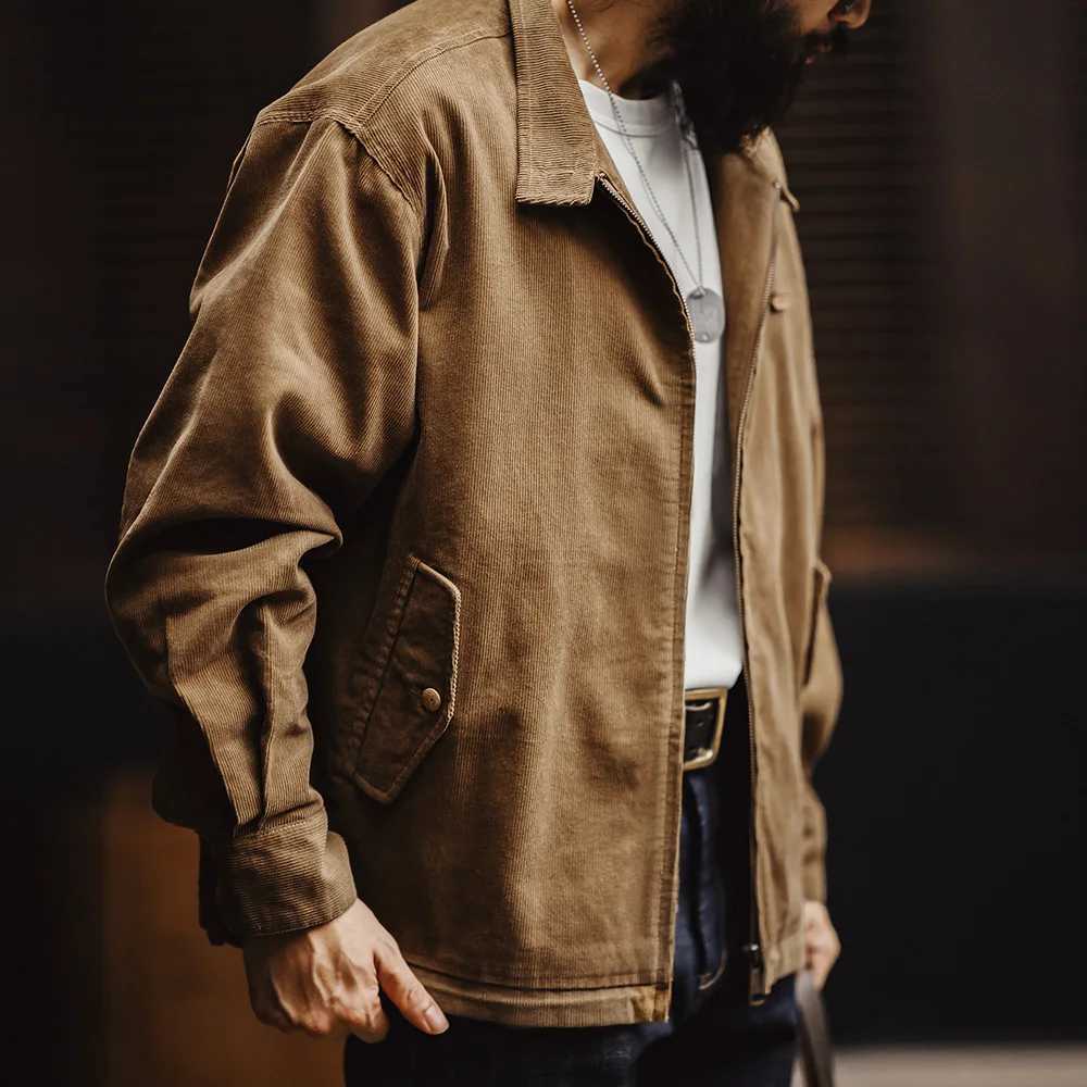 Mens Retro Corduroy Jacket with Standup Collar Zipper Flap Pockets Casual Solid Color Outerwear for Autumn Versatile CoatXJ250826