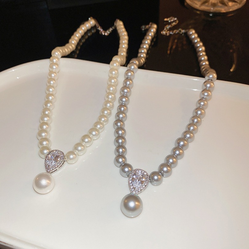 Pearl Necklace With Water - Drop Rhinestone Pendant Elegant Timeless Party And Daily Wear Gift For Her Luxurious And Sophisticated Jewelry