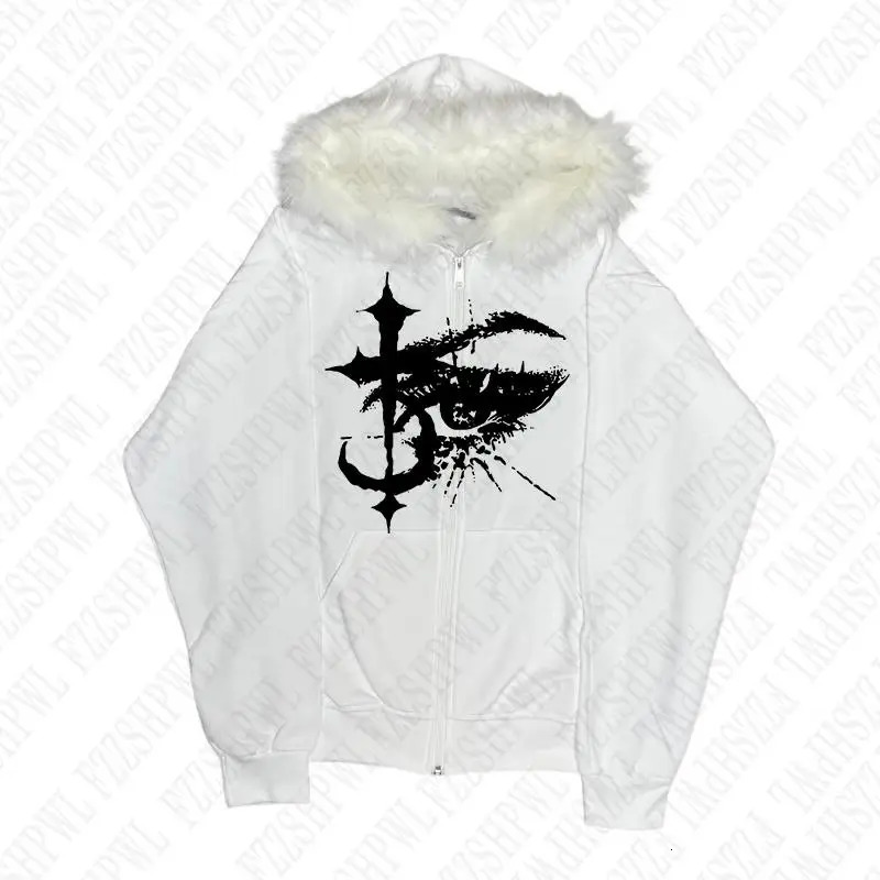 High street Aesthetics Graphic Print Y2K Zip up hoodie Hip Hop Faux Fur Collar Zipper Hoodie sweatshirt Retro Punk Jacket Gothic 250826