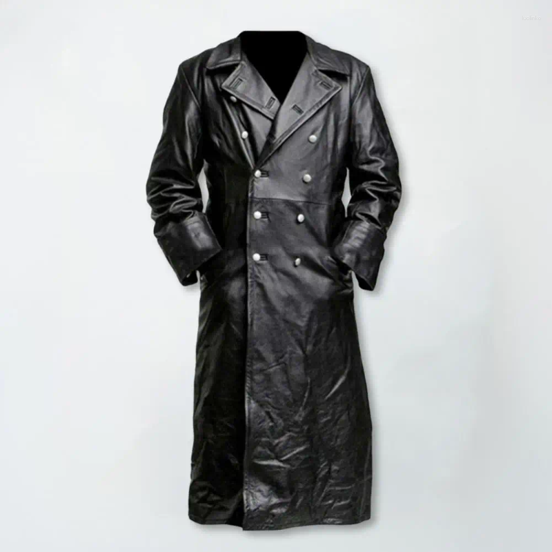 Men's Jackets Men Faux Leather Coats Pu Long Coat Splice Double Breasted Turn Down Collar Slim Fit Thick Casual Autumn Winter