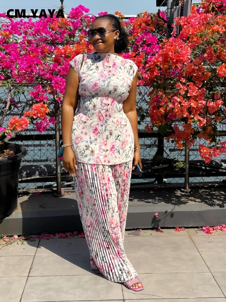 CM.YAYA Women Set Floral Print Short Sleeve Pleated TShirt Wide Leg Pants 2025 Street Sexy Two 2Piece Sets Outfits Tracksuit250825